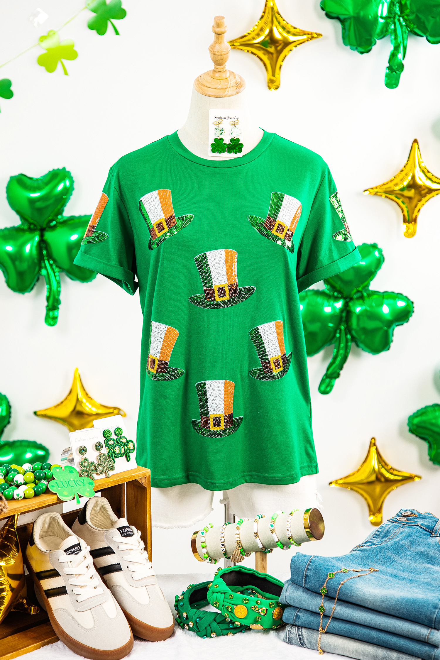 Bright Green Sequin St Patricks Day Hat Relaxed T Shirt - loveforevers