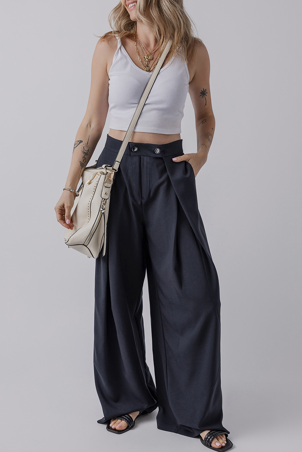 Dirty blue Dual Buttoned High Waist Pleated Wide Leg Pants - loveforevers