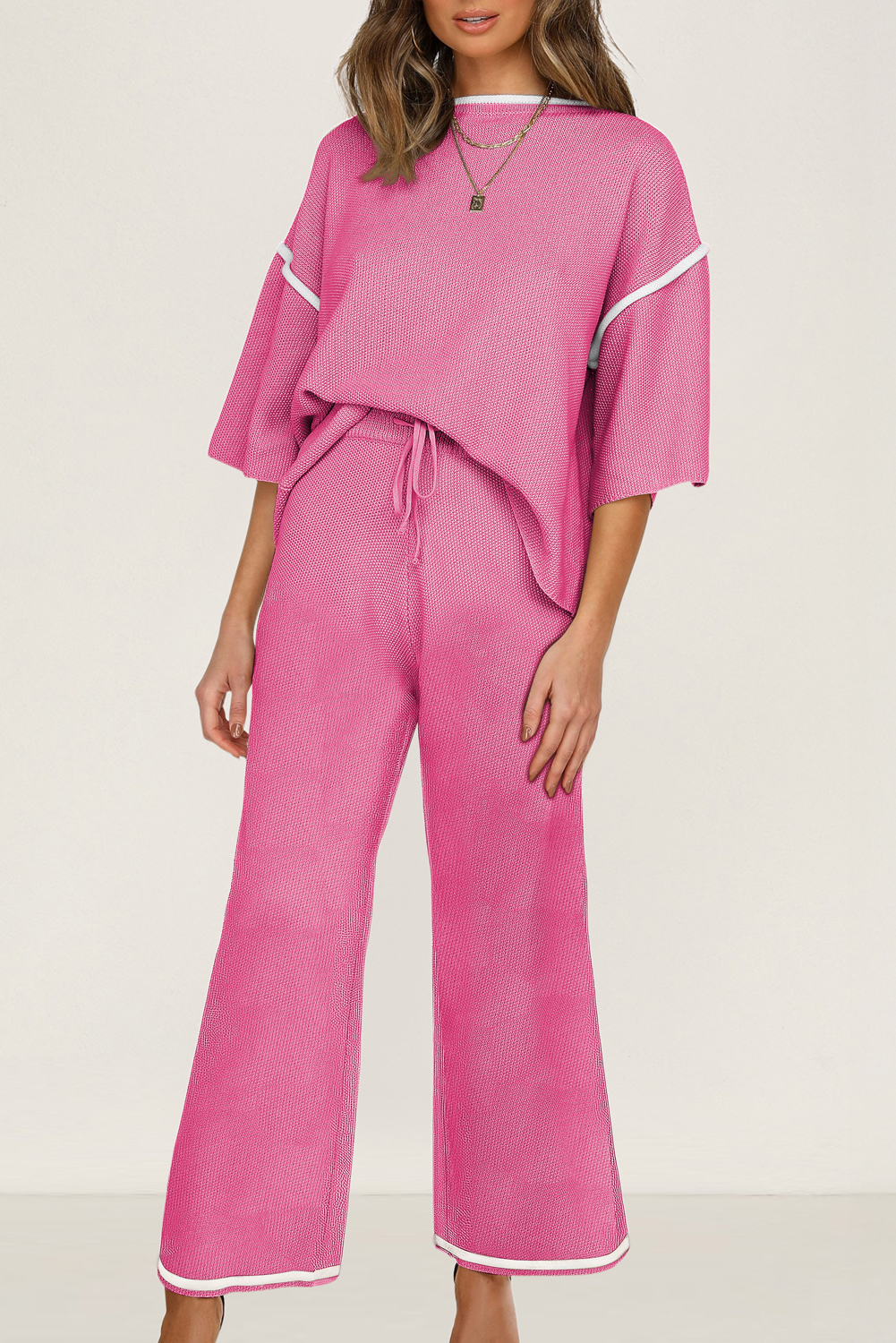 Blackish Green Contrast Trim Half Sleeve Top Drawstring Pants Loose 2pcs Sweater Suit - loveforevers