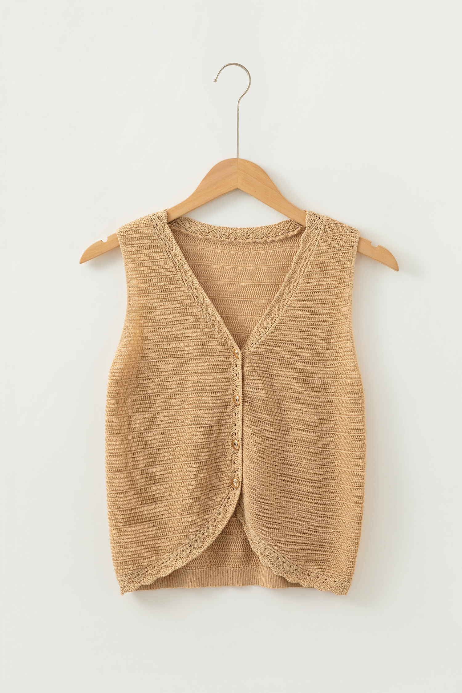 Pale Khaki Hollow out Trim Buttoned Front Boho Sweater Vest - loveforevers