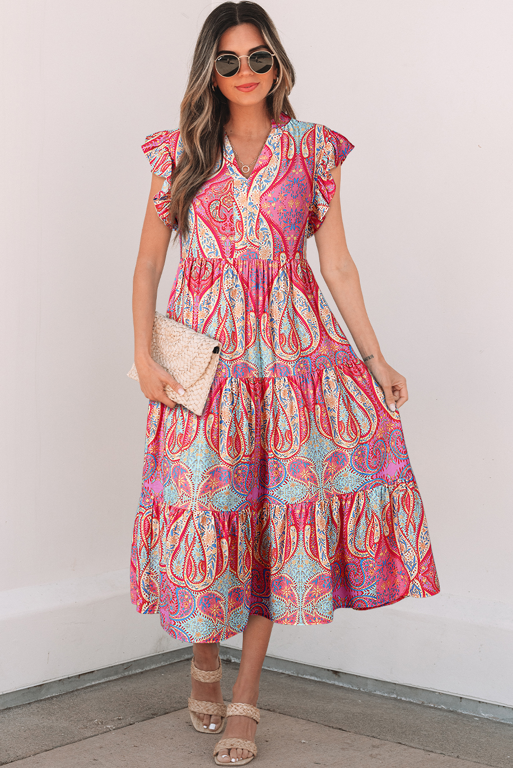 Rose Tribal Paisley Print Ruffled Sleeve Notch Neck Midi Dress - loveforevers