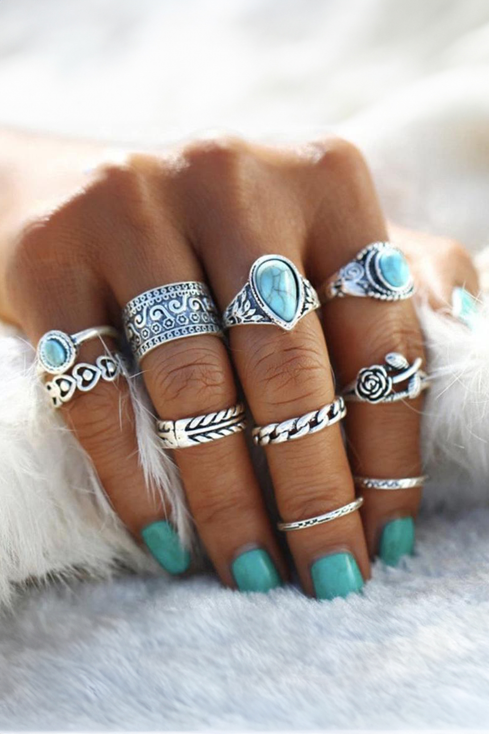 Dark Green Vintage Turquoise Decor 10Pcs Rings Set - loveforevers