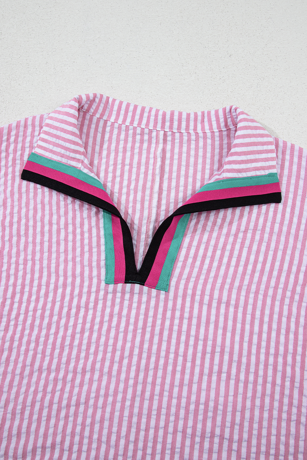 Sachet Pink Striped Print Contrast Split Neck Dolman Sleeve Blouse - loveforevers