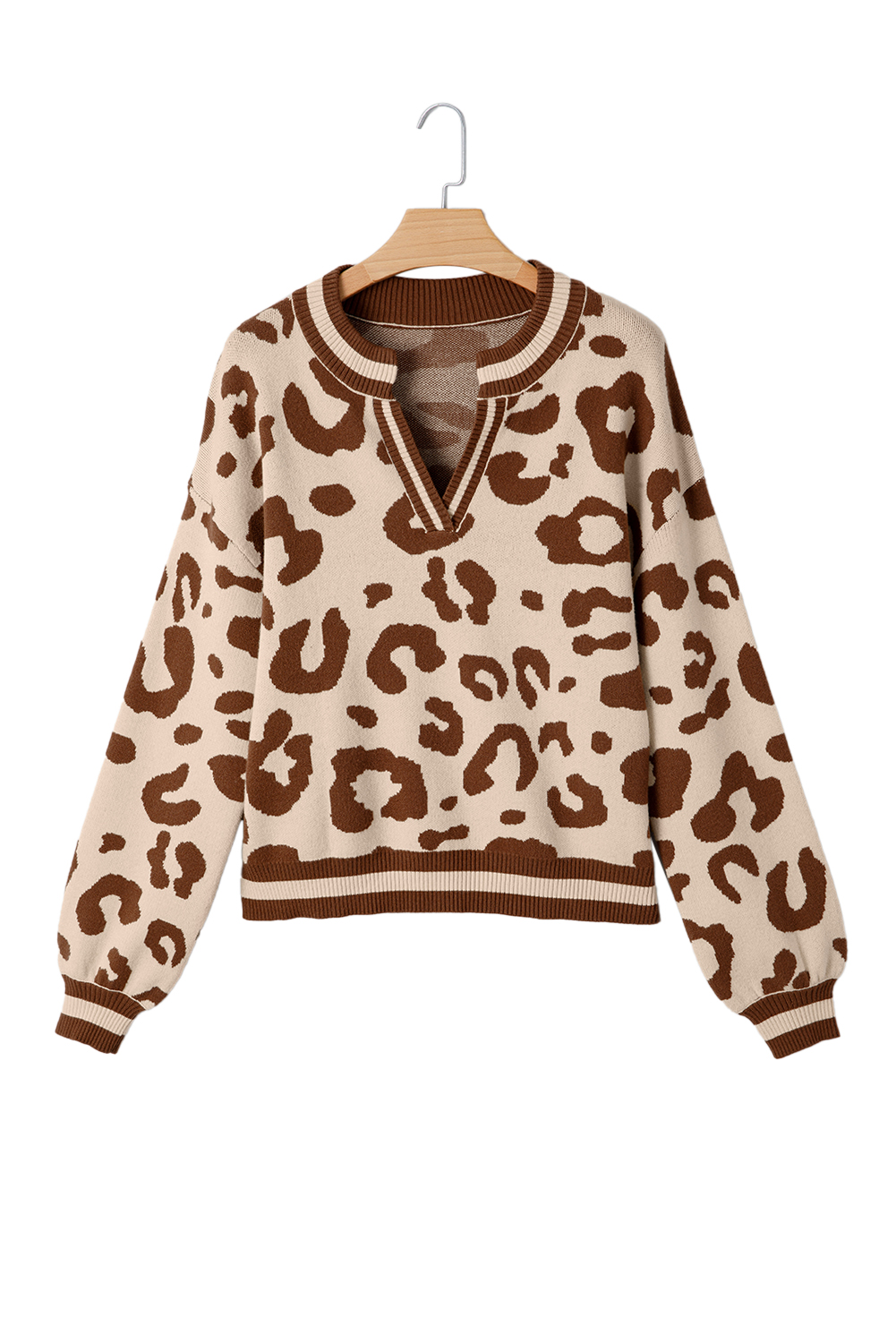 Light French Beige Leopard Printed Knit V Neck Casual Sweater - loveforevers