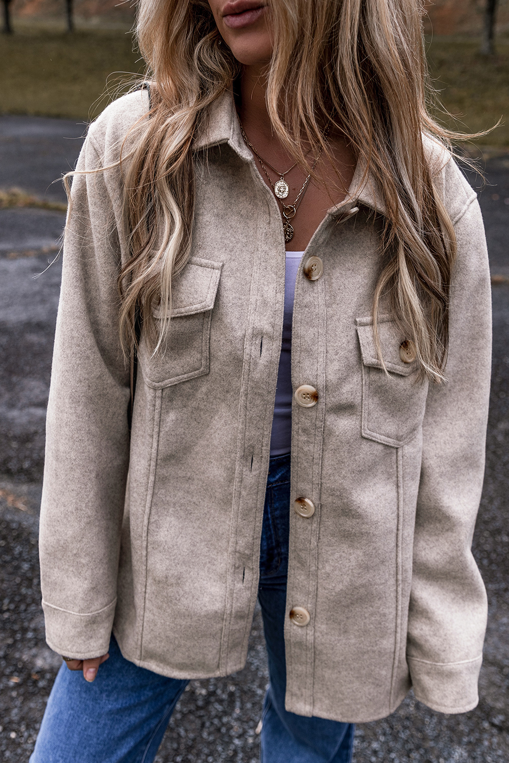 Light Grey Turn Down Collar Flap Pockets Buttoned Shacket - loveforevers