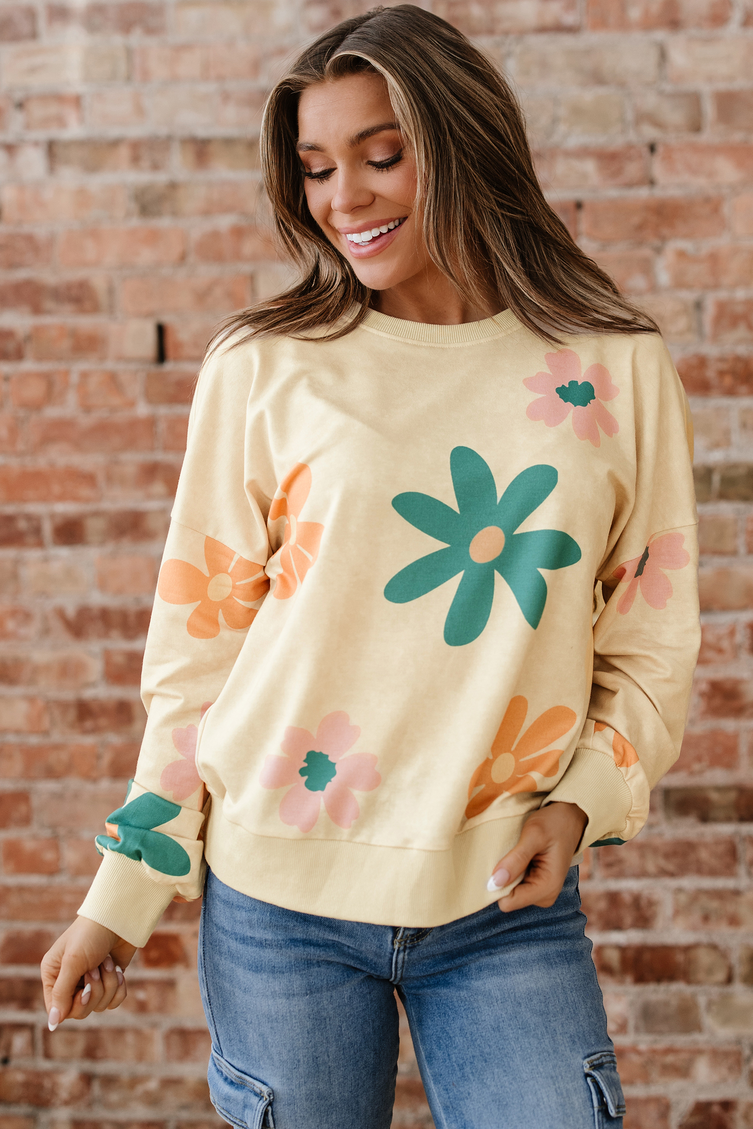 Khaki Mineral Washed French Terry Flower Print Sweatshirt - loveforevers