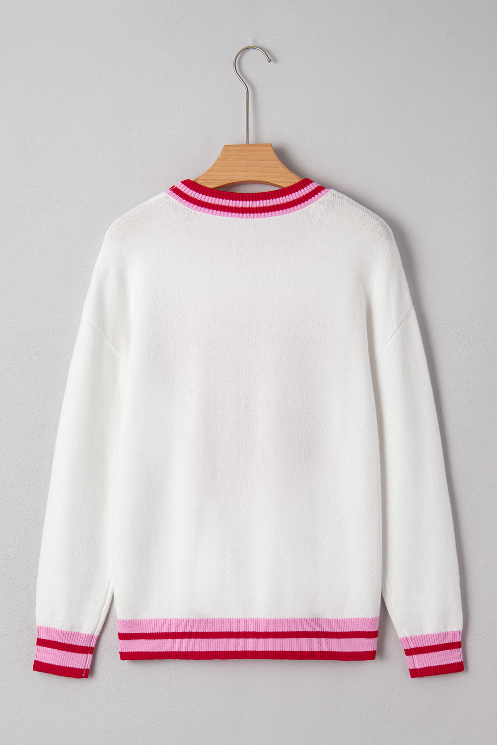 White Striped Trim Bow Graphic Round Neck Drop Shoulder Sweater - loveforevers