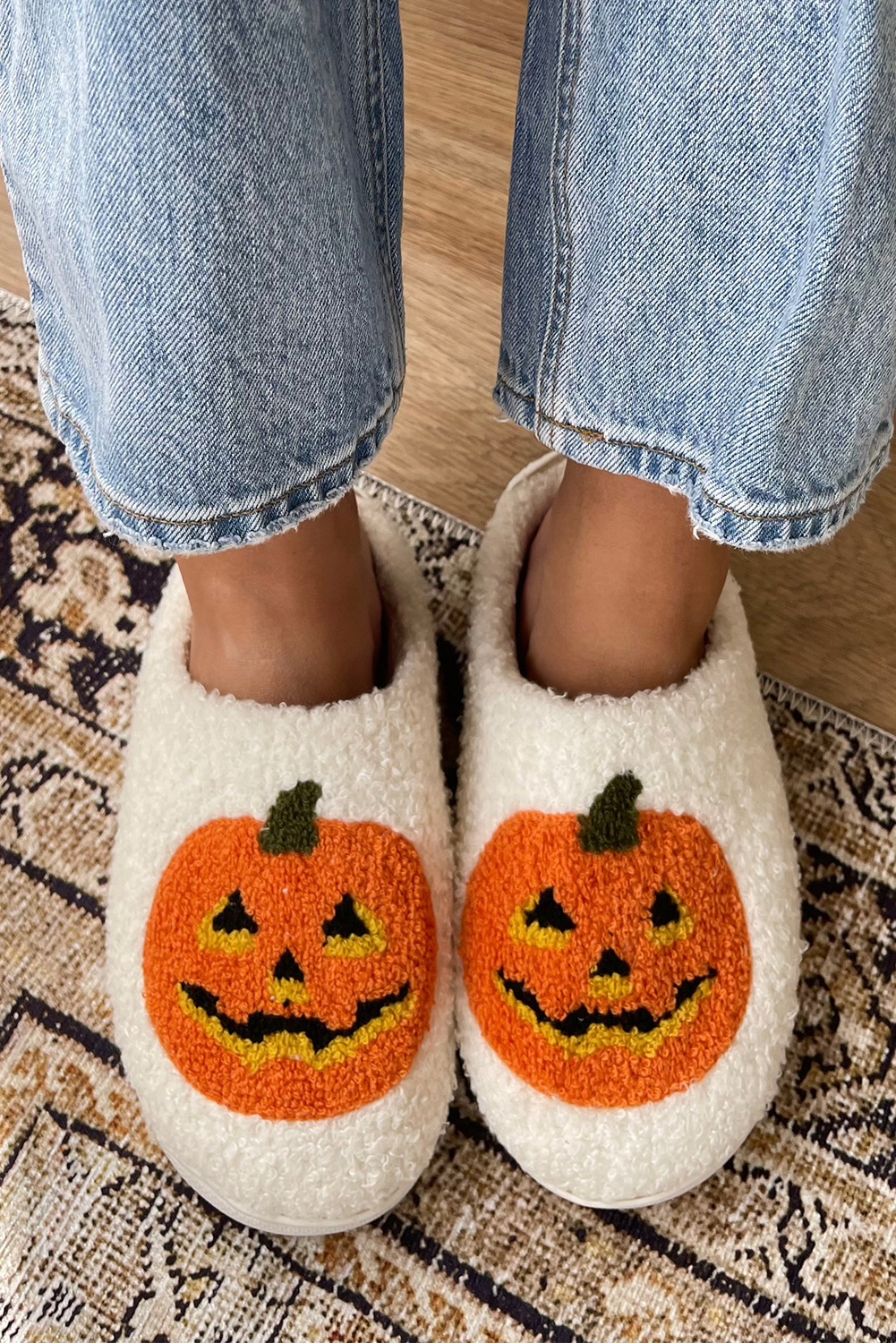 White Halloween Pumpkin Print Plush Slippers (Runs Small, Size Up) - loveforevers