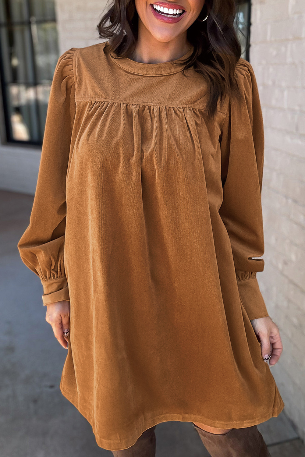 Desert Gold Corduroy Pleated Puff Sleeve Shift Short Dress - loveforevers