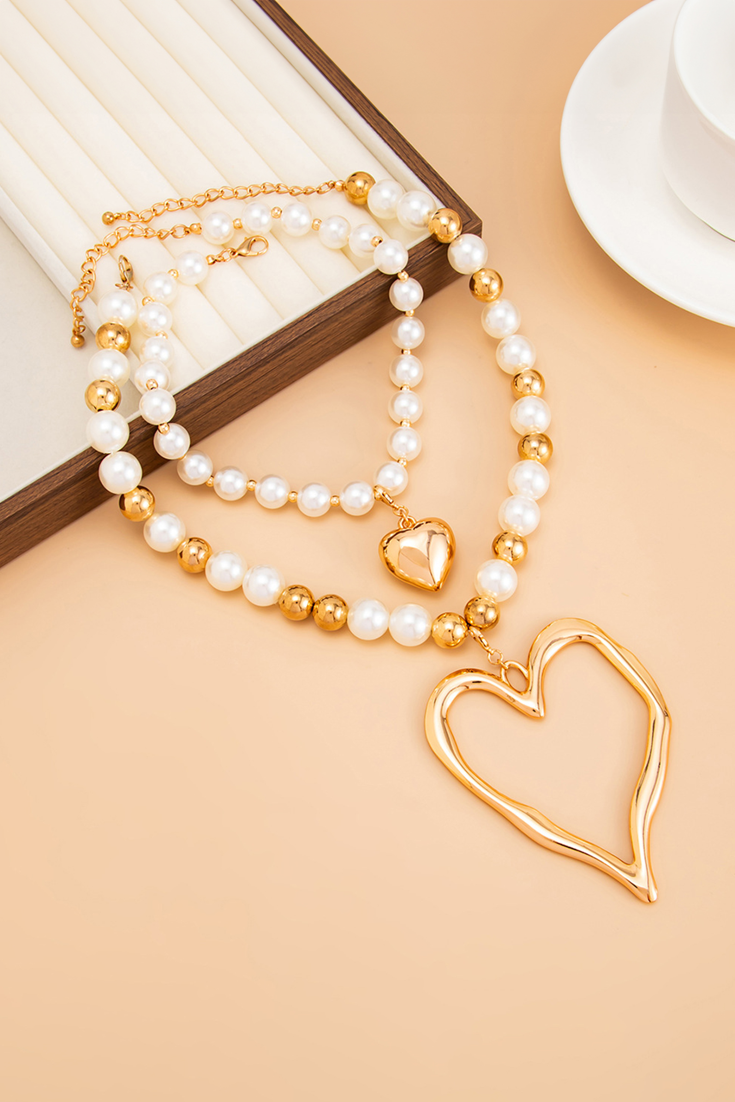 Gold Plated Heart Charm Daring Pearl Beaded 2pcs Necklace Set - loveforevers