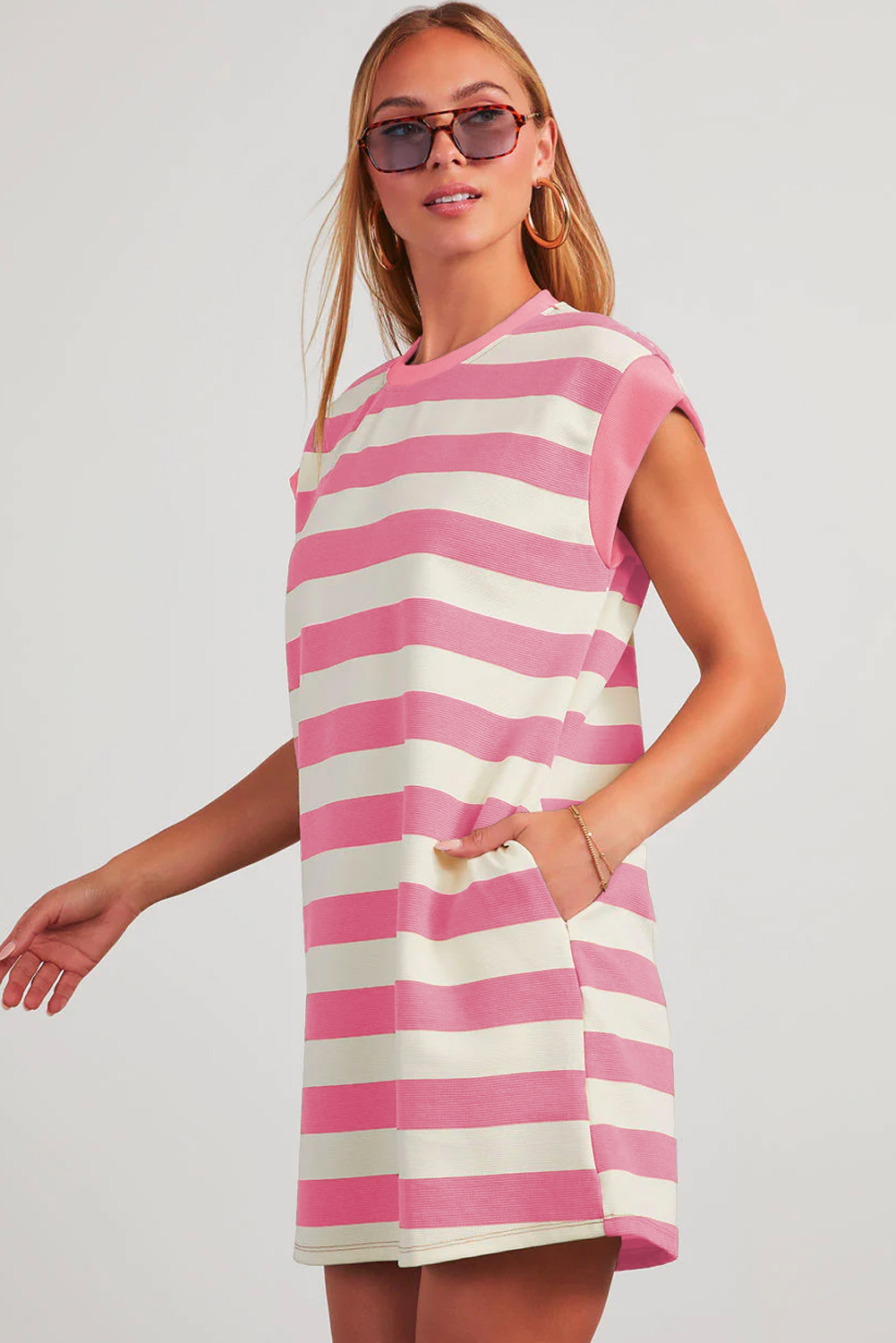 Pink Stripe Cap Sleeve Shift T Shirt Dress - loveforevers