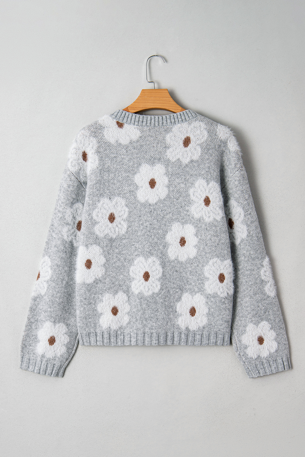 Gray Cute Flower Print V Neck Drop Shoulder Baggy Sweater - loveforevers