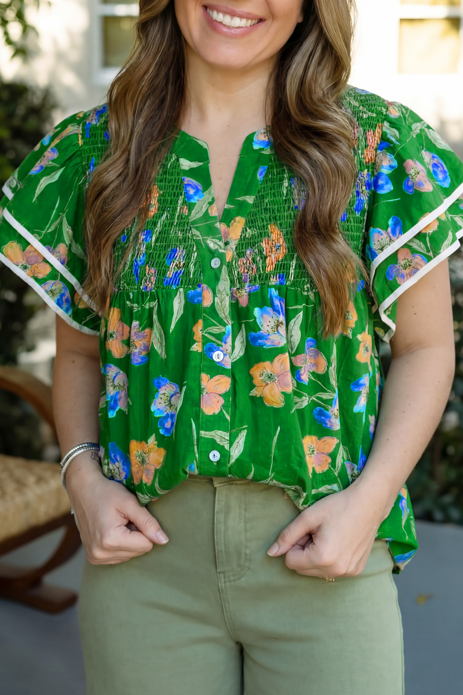 Green Plus Size Ruffled Short Sleeve Floral Top - loveforevers