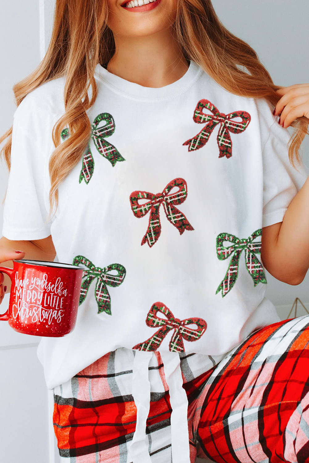 White Christmas Bowknot Graphic Cotton Blend T Shirt - loveforevers