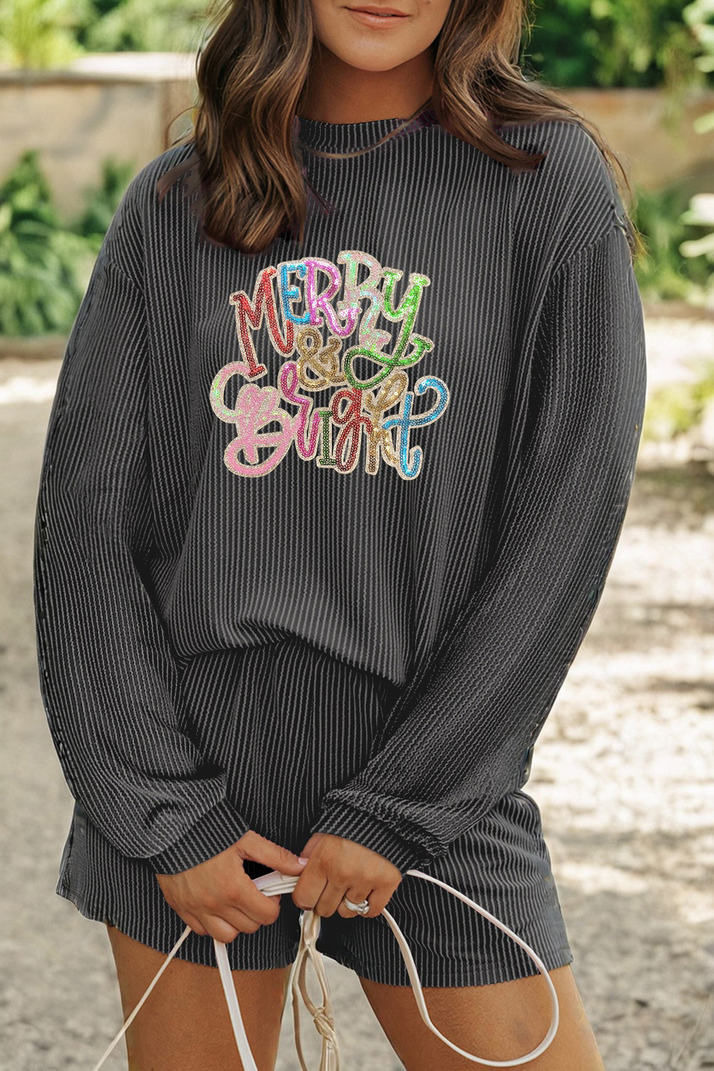 Carbon Grey Twisted Ribbed Merry & Bright Sequin Graphic Long Sleeve Top 2pcs Short Set - loveforevers