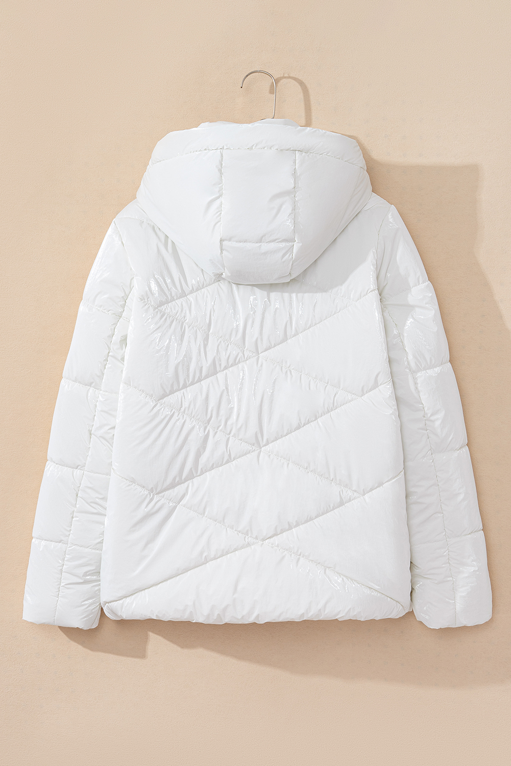 White Solid Quilted Hooded Zip Up Puffer Coat - loveforevers