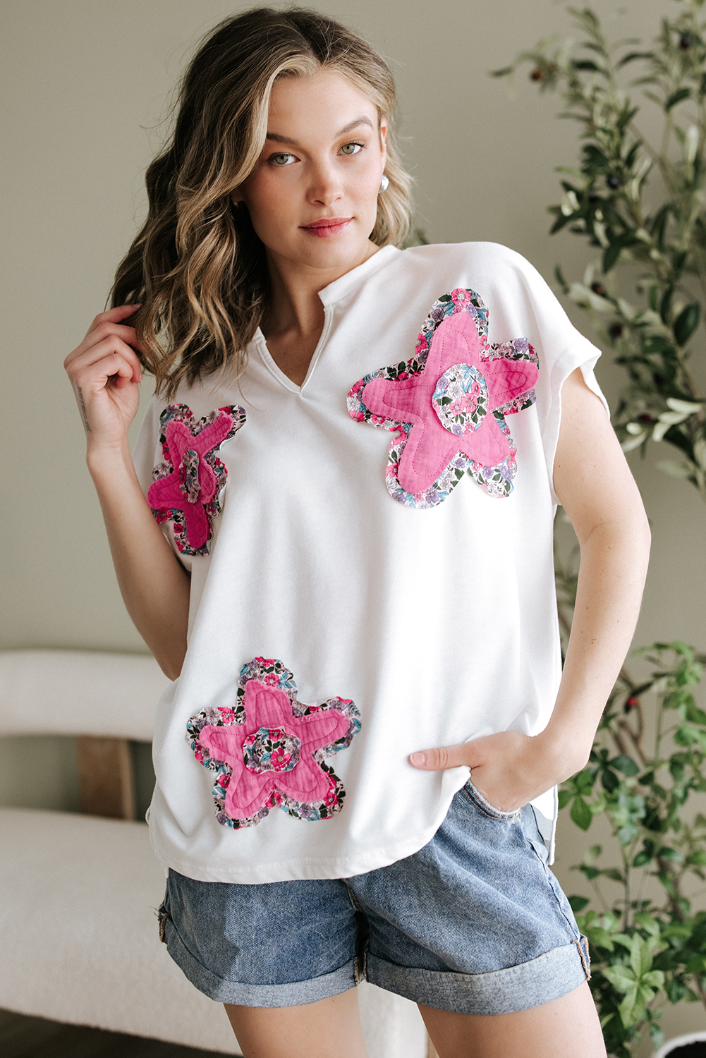 White Floral Applique Notched V Neck Dolman Sleeve Top - loveforevers