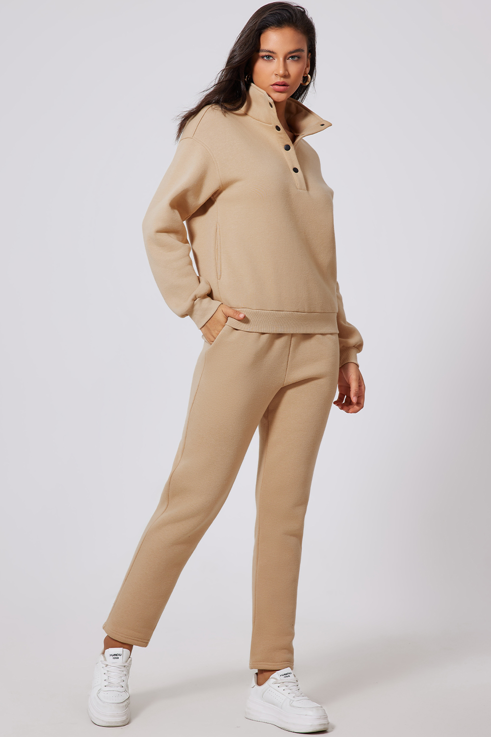 Parchment Solid Half Button Sweatshirt and High Waist Sweatpants Set - loveforevers