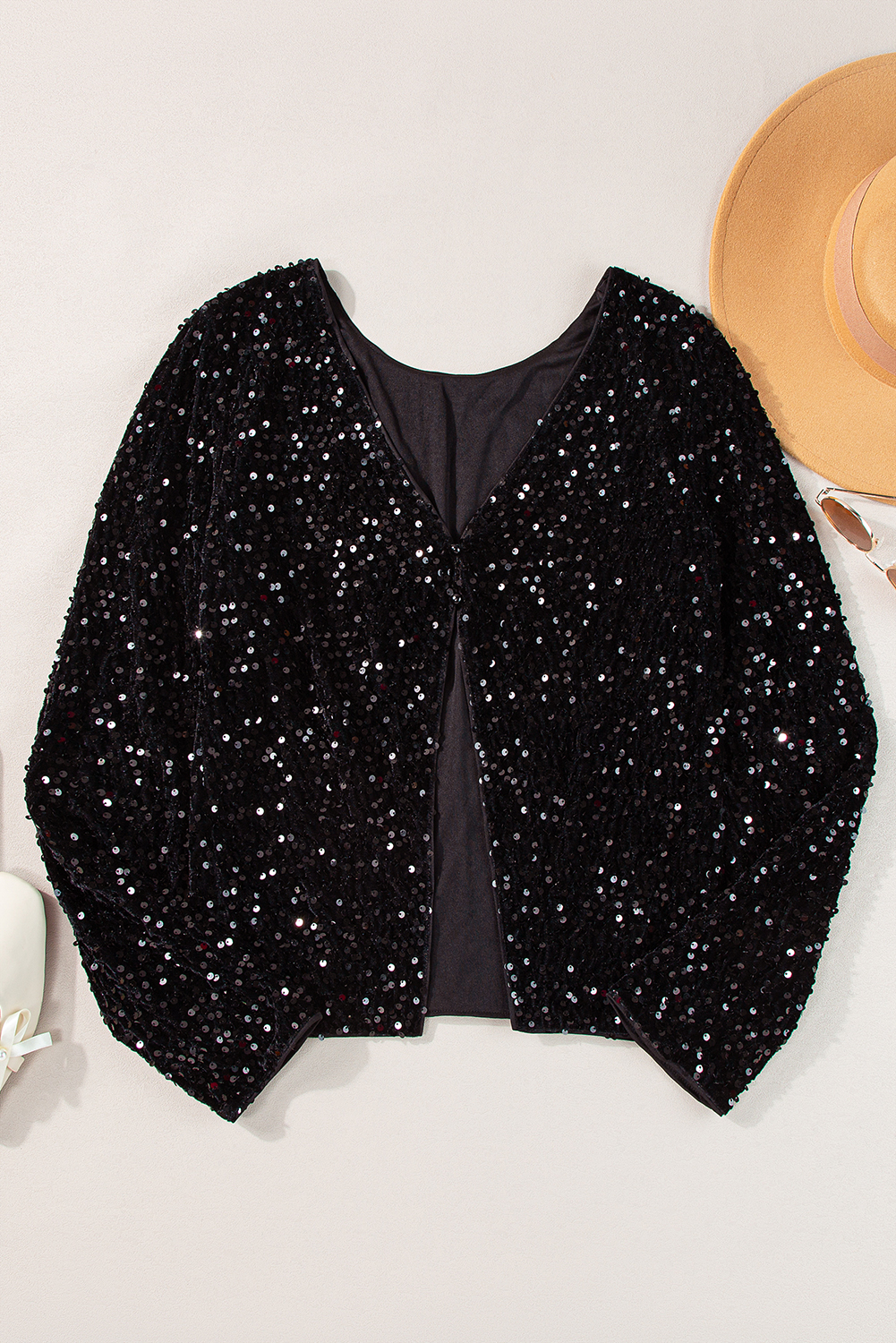 Black Sequin Long Sleeve Cutout Back Top - loveforevers
