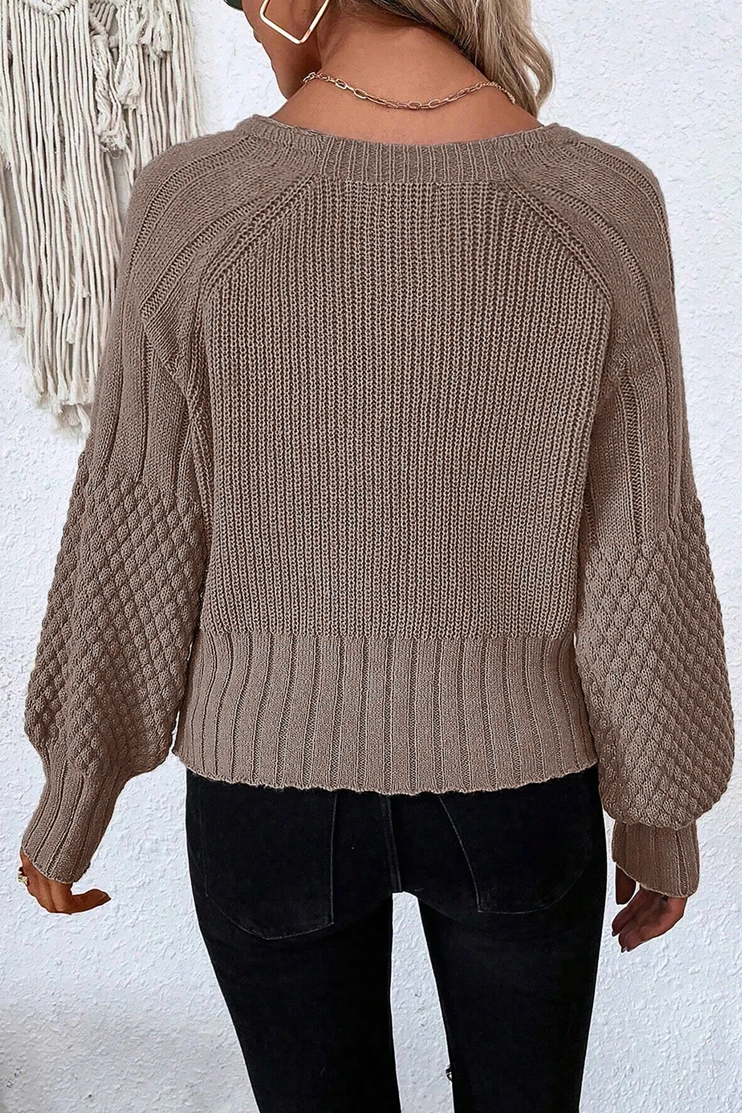 Light Pink Mixed Texture Knit Button V Neck Sweater Cardigan - loveforevers