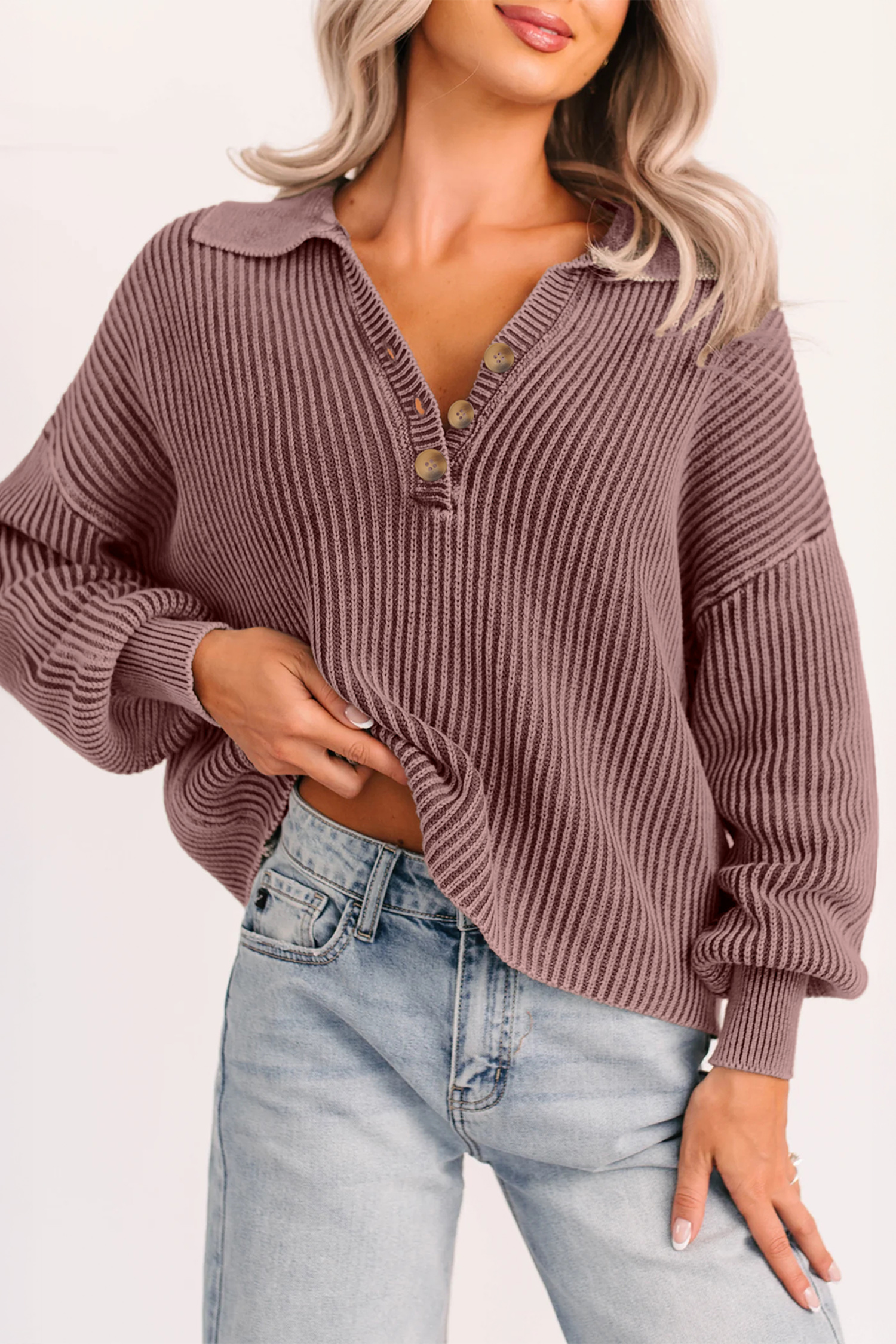 Dark Brown Mineral Washed Knit Button Polo Collar Loose Sweater - loveforevers