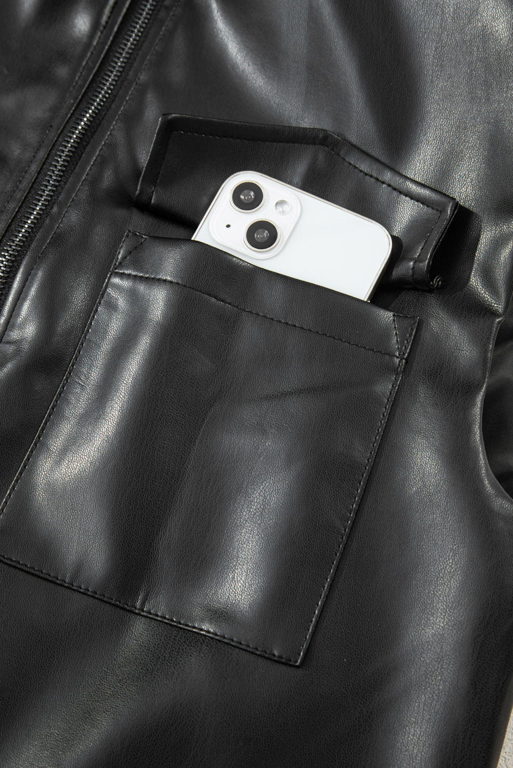 Black Double Flap Pocket Faux Leather Zip Up Stand Neck Vest - loveforevers
