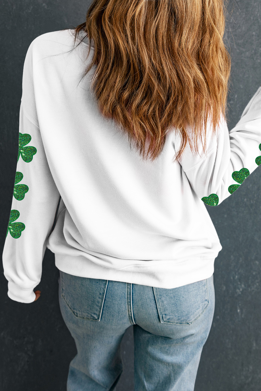 White Sequin lucky Lettering Clover Patched Sleeve Drop Shoulder Sweatshirt - loveforevers