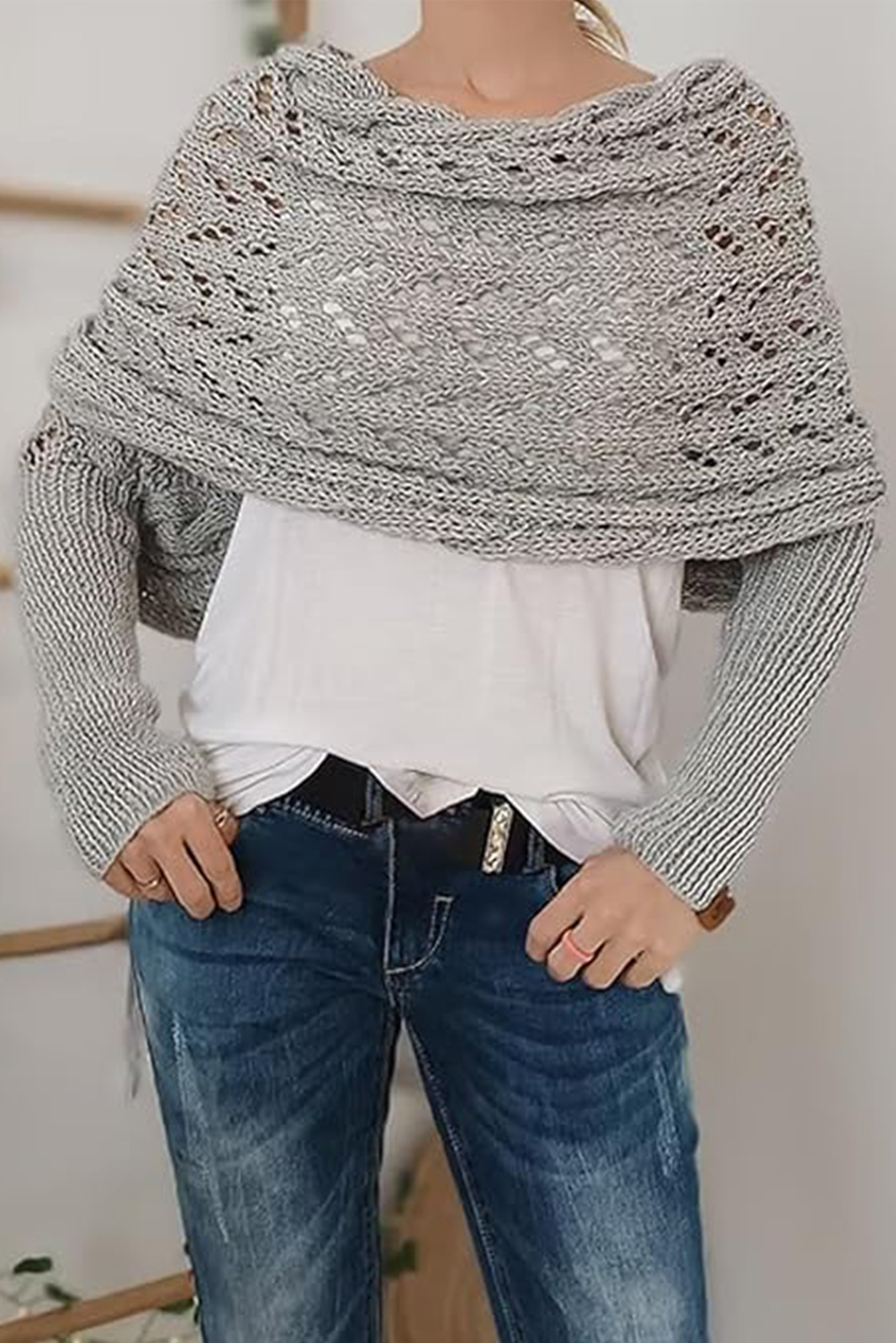 Gray Cross Detail Hollowed Knit Scarf with Sleeves - loveforevers