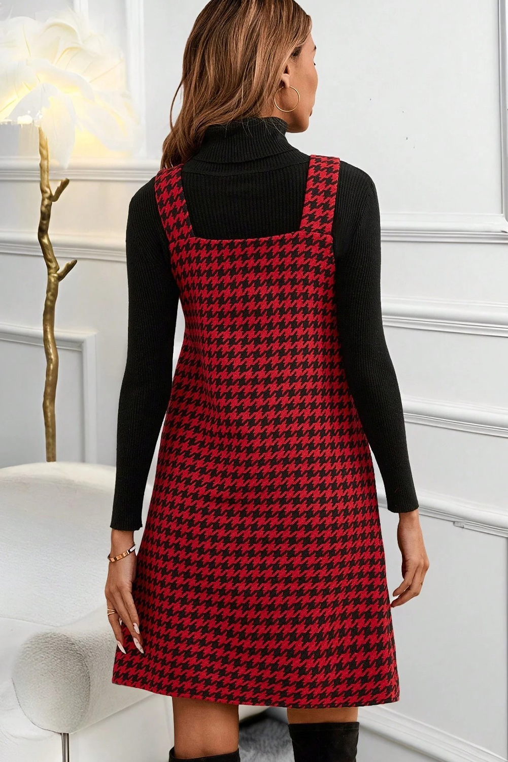 Khaki Houndstooth Print V Neck Sleeveless Mini Dress - loveforevers