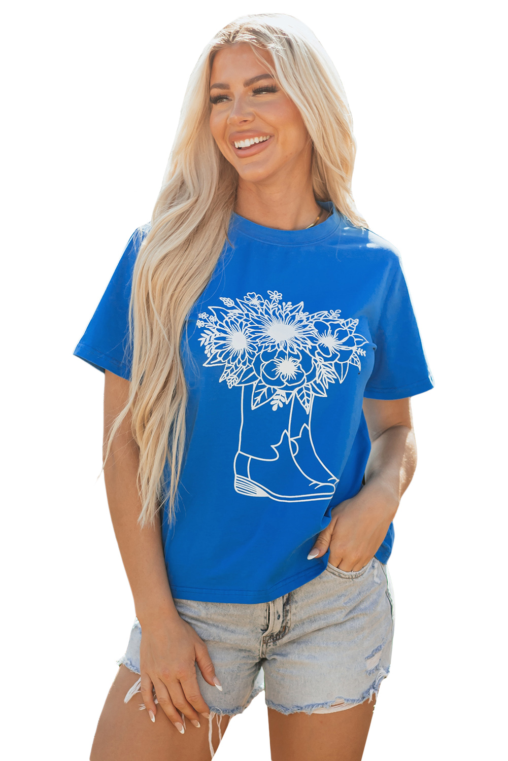 Blue Sunflower Boots Graphic Western Fashion T Shirt - loveforevers