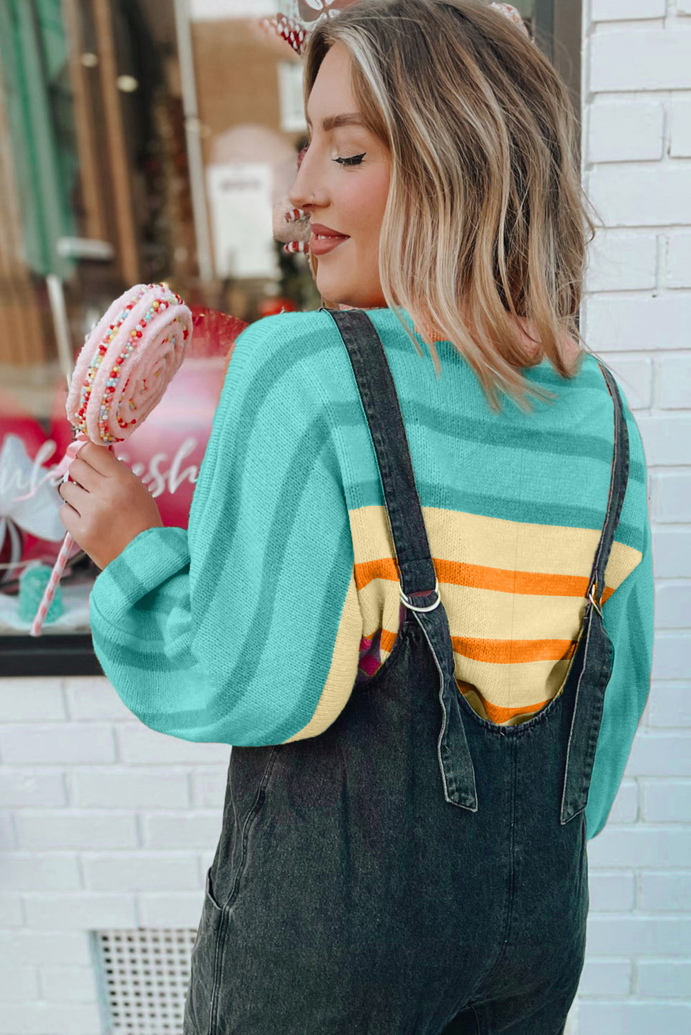 Yellow Stripe Gradient Striped Ribbed Edge Loose Sweater - loveforevers