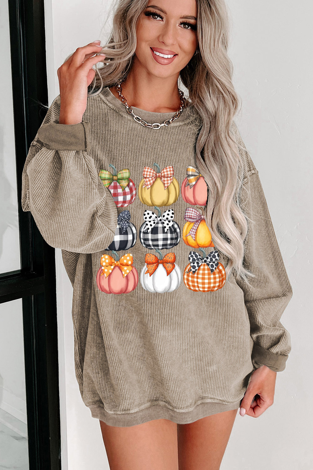 Khaki Trendy Textured Bow Pumpkin Graphic Baggy Sweatshirt - loveforevers
