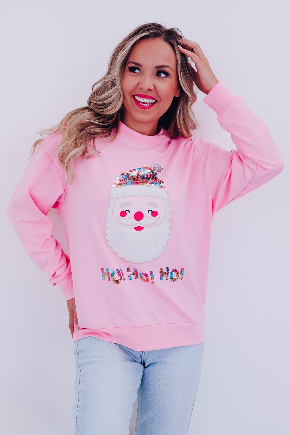 Fiery Red Santa Claus Sequin Graphic Sweatshirt - loveforevers