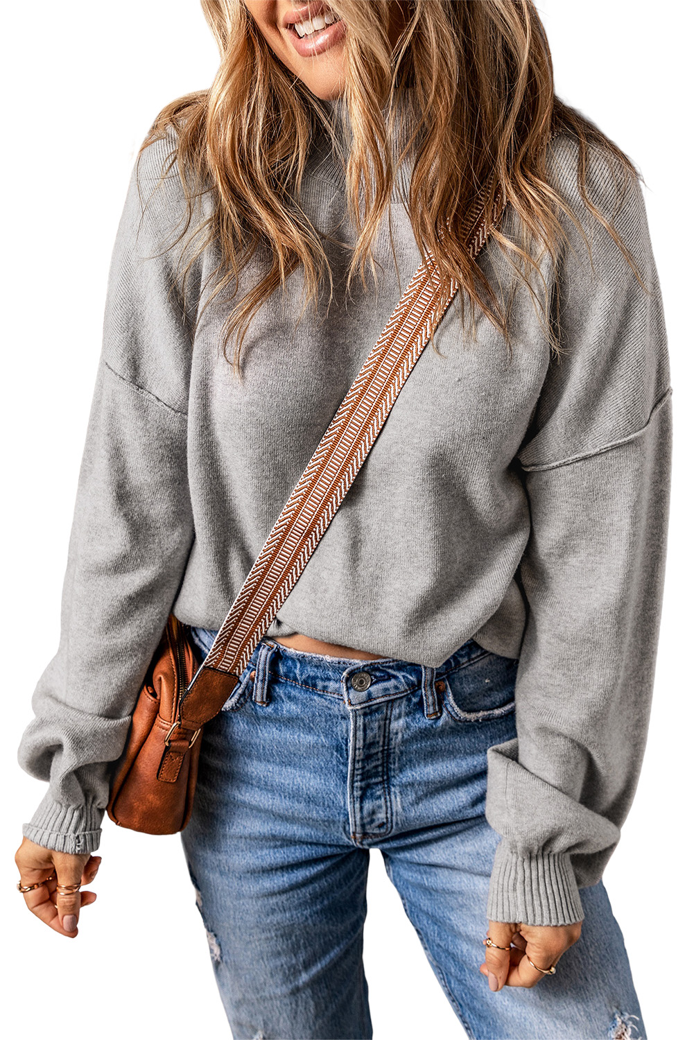 Gray Turtleneck Drop Shoulder Bubble Sleeve Knit Sweater - loveforevers