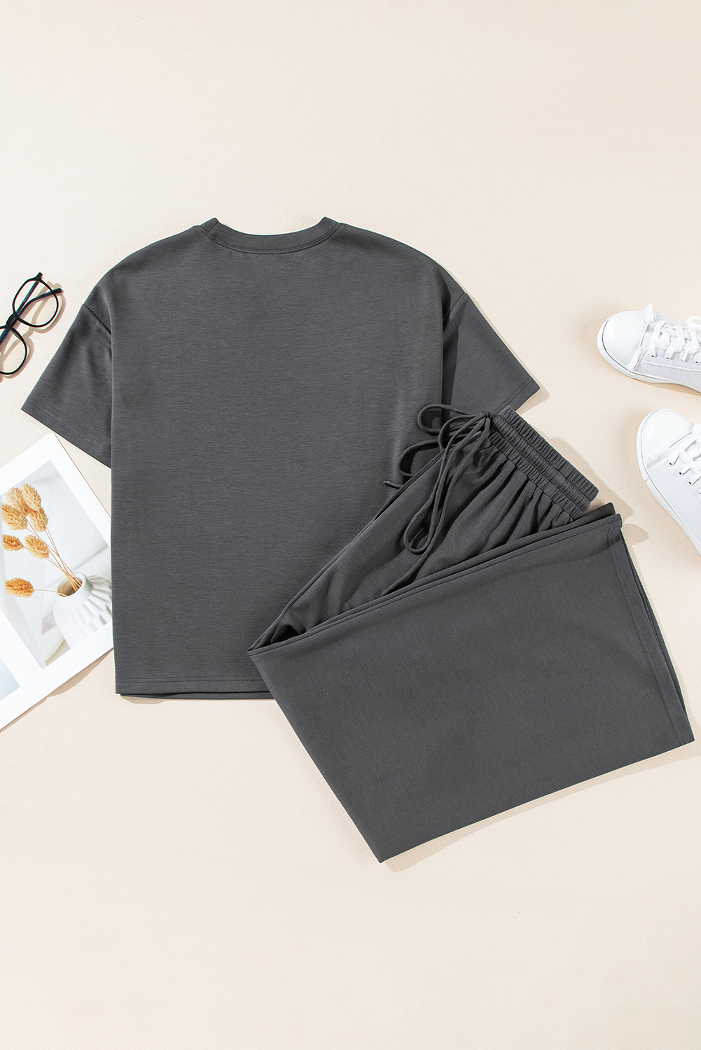 Dark Grey Drawstring Side Crewneck Tee and Loose Pants Set - loveforevers