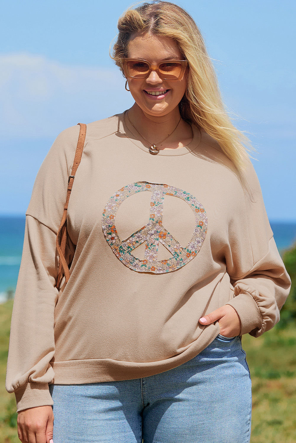 Beige Flower Patch Graphic Exposed Seam Wide Sleeve Top - loveforevers