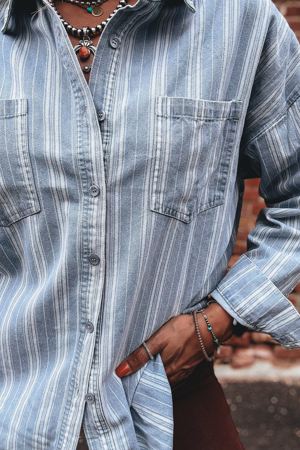 Sky Blue Stripe Boyfriend Chest Pocket Classic Denim Shacket - loveforevers