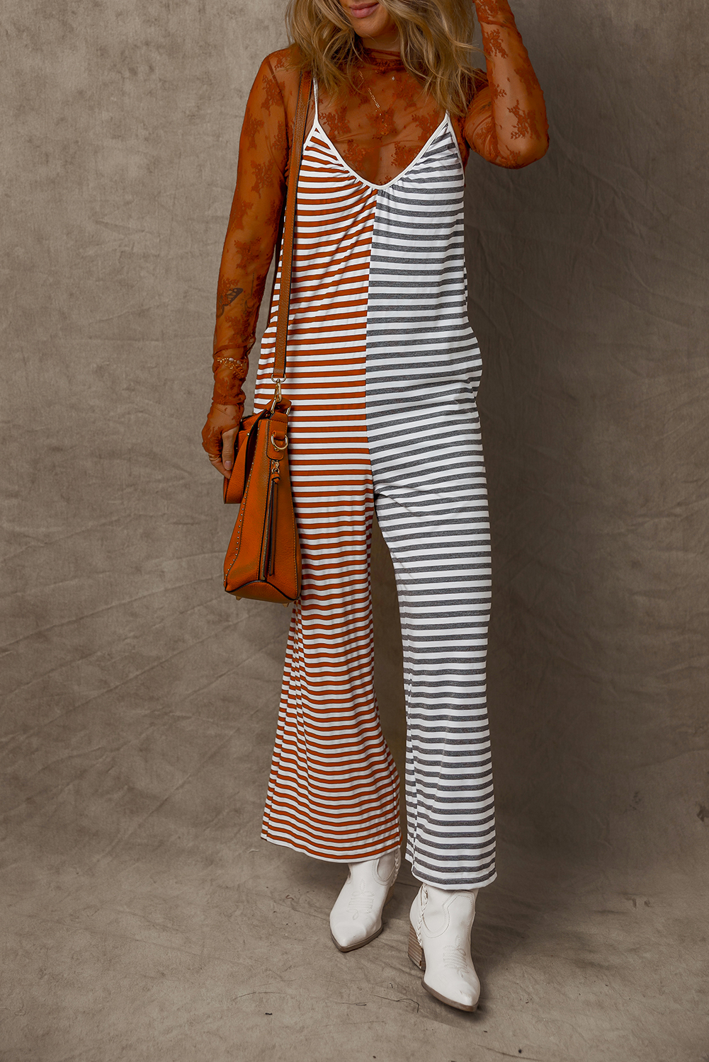 Yellow Stripe Two Tone Contrast Spaghetti Strap Backless Overall - loveforevers