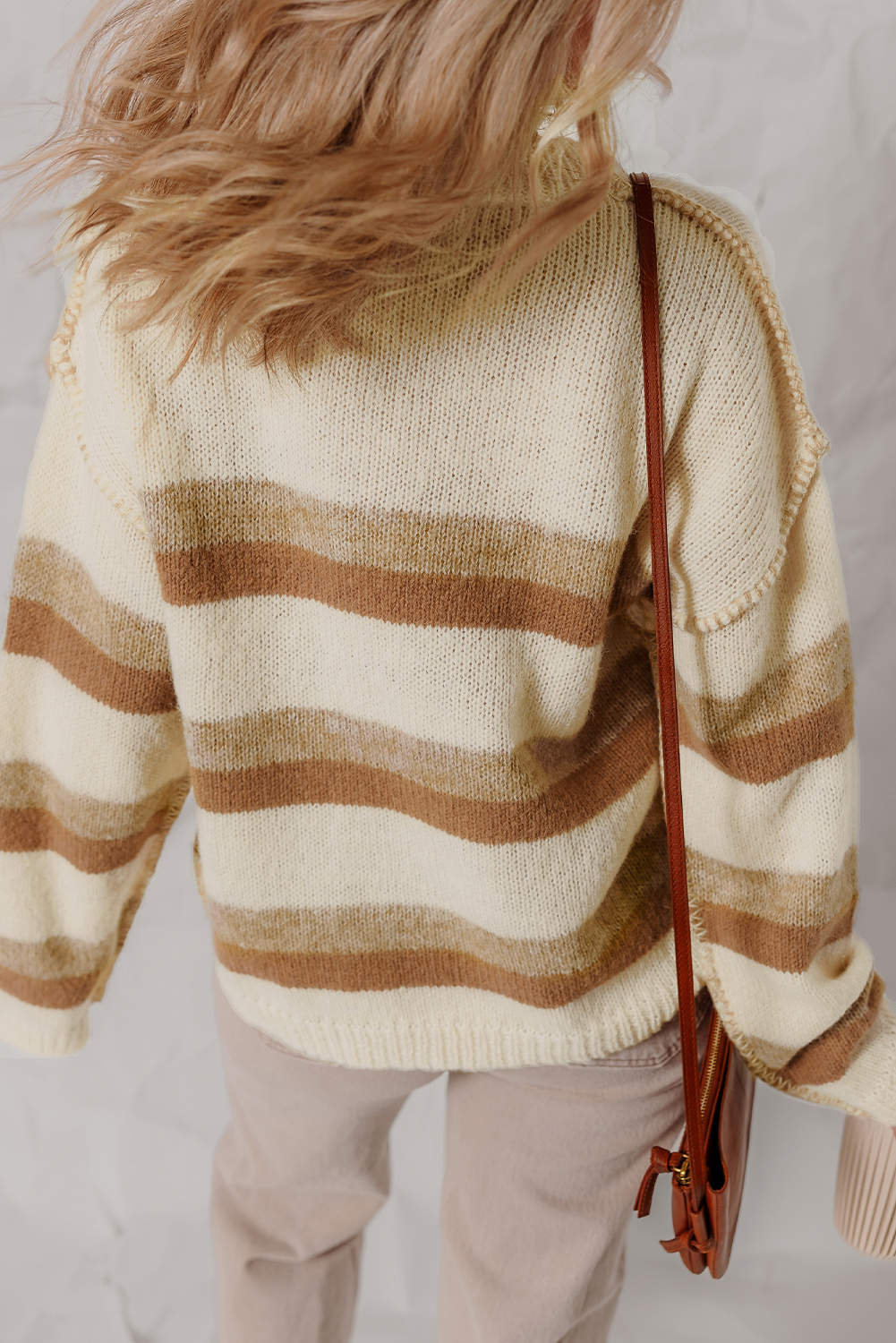 Khaki Stripe Exposed Seam Drop Shoulder Knit Baggy Sweater - loveforevers