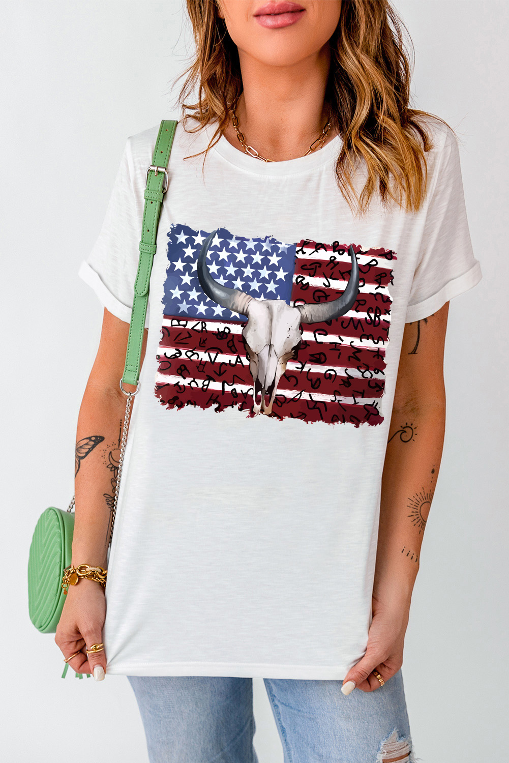 White Bull Skull American Flag Graphic Tee - loveforevers