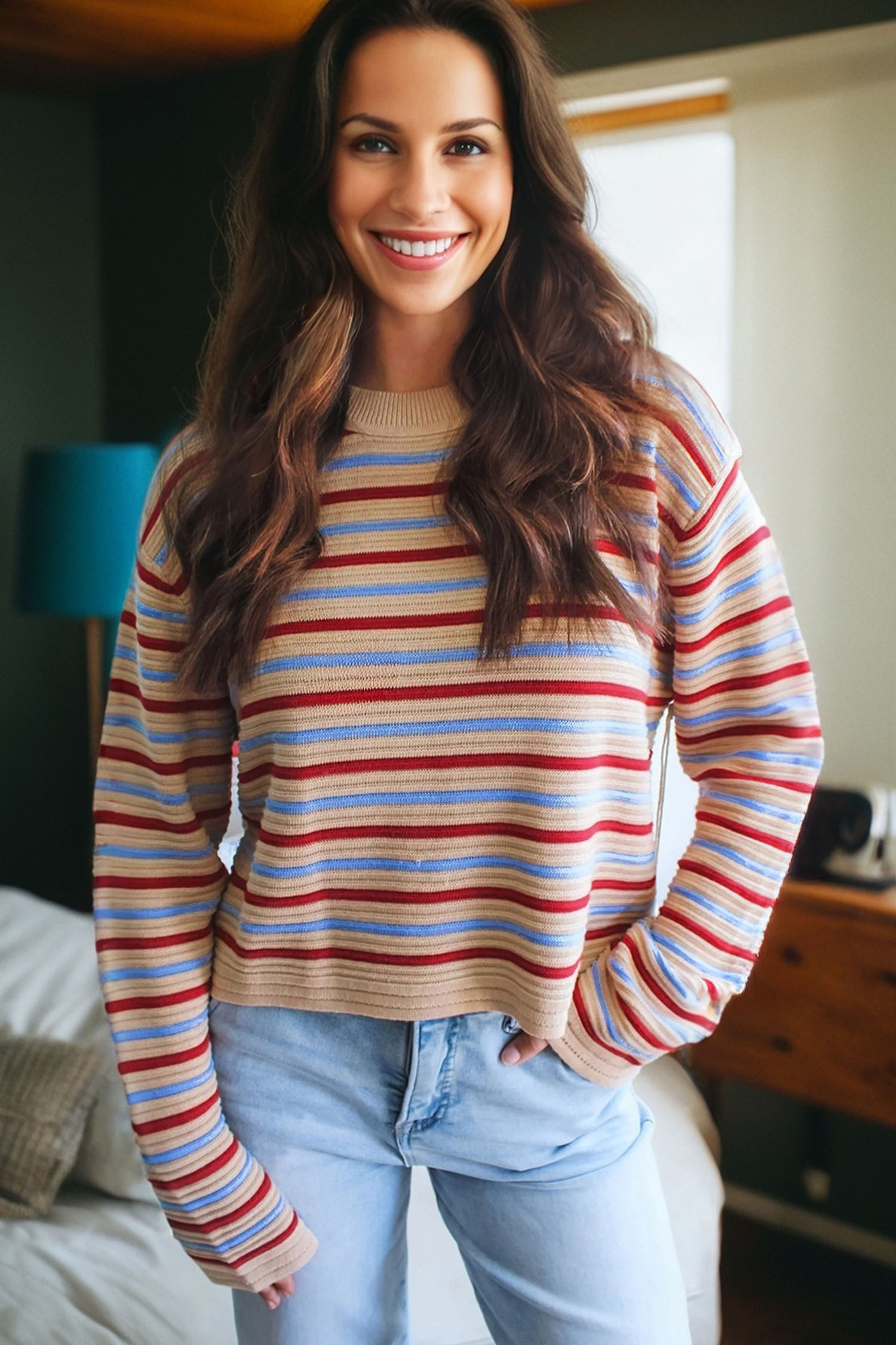 Khaki Stripe Drop Shoulder Cropped Long Sleeve Fall Sweater - loveforevers