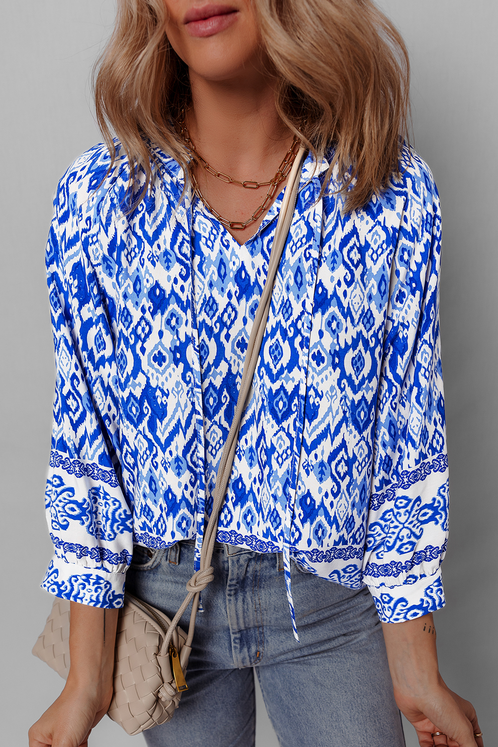 Blue Boho Printed 3/4 Sleeve Tied Neck Blouse - loveforevers