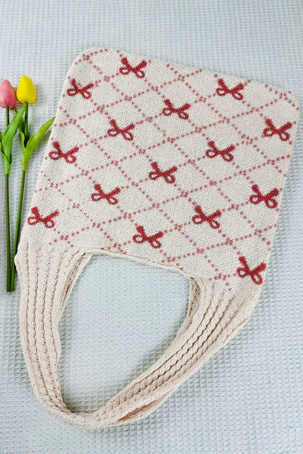 Fiery Red Bow Argyle Pattern Cable Knit Handle Tote Bag - loveforevers