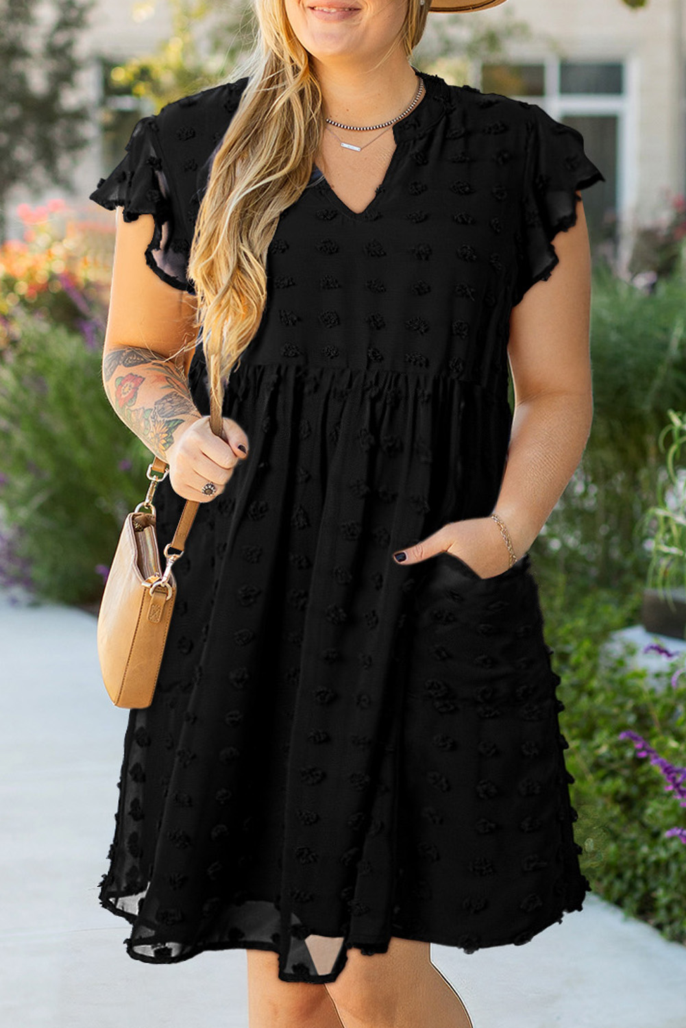 Black Dotty Textured Notched Neck Plus Ruffled Dress - loveforevers