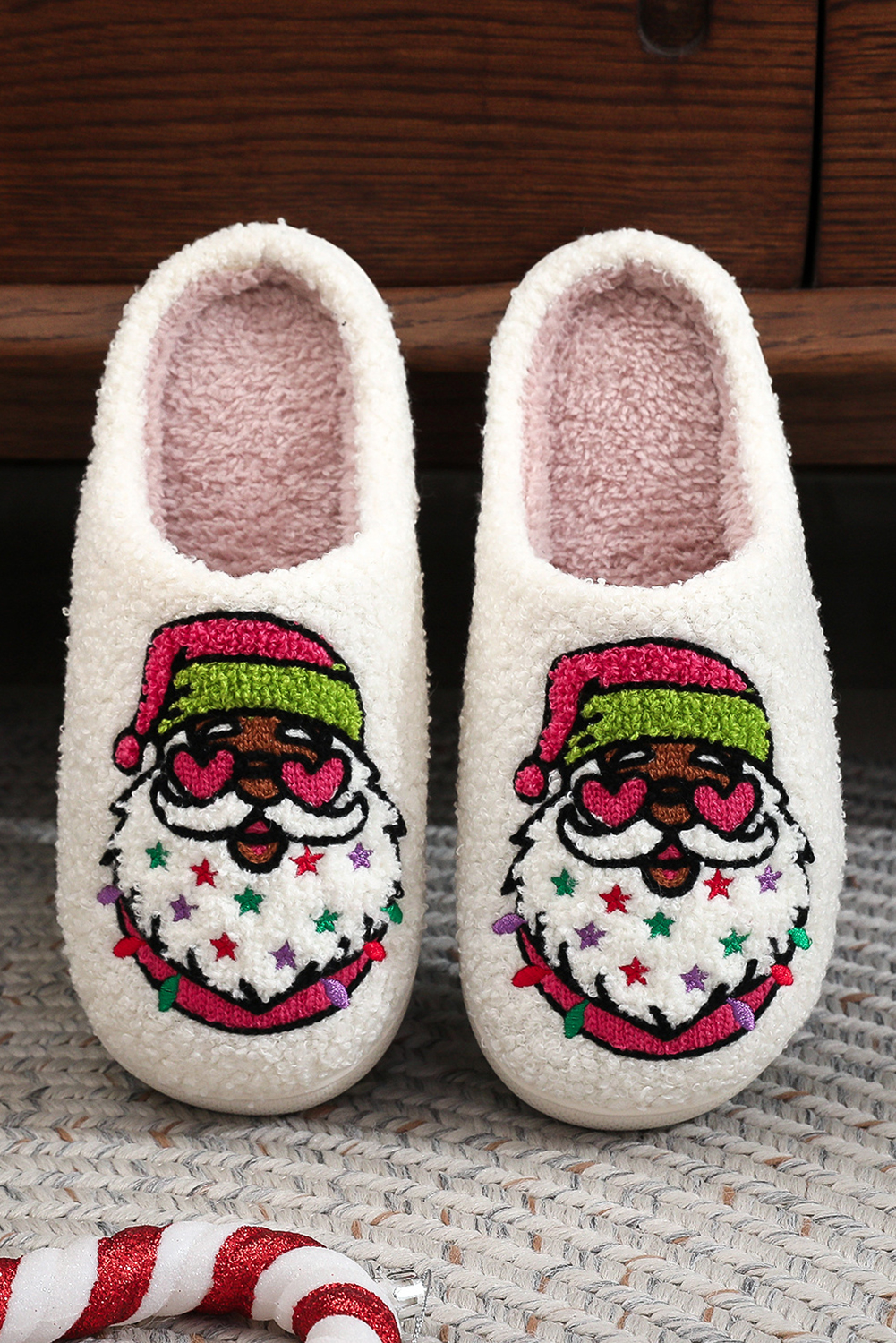 White Starry Santa Claus Pattern Christmas Plush Slippers - loveforevers