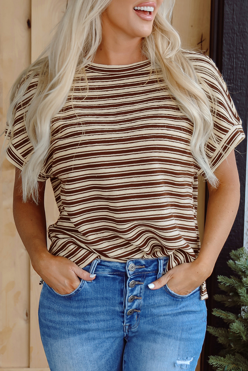 Green Stripe Textured Side Slits Crew Neck T Shirt - loveforevers