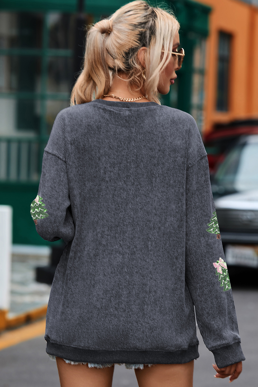 Gray Ribbed Round Neck Sequin Christmas Tree Patched Baggy Sweatshirt - loveforevers