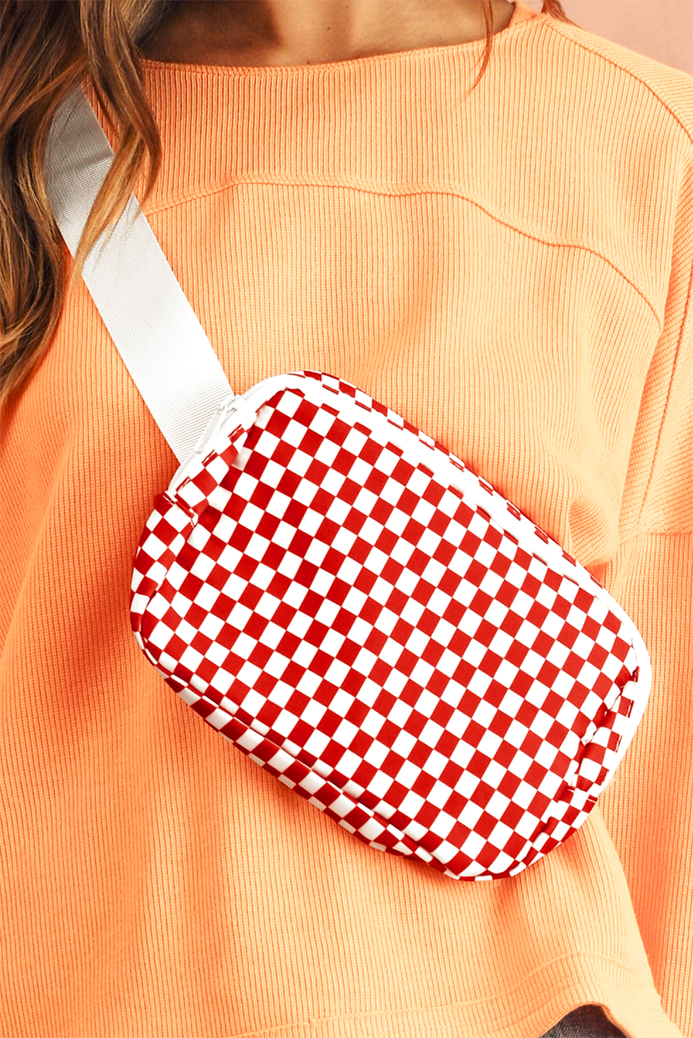 Fiery Red Checkered Print Zipped Buckle Strap Crossbody Bag - loveforevers