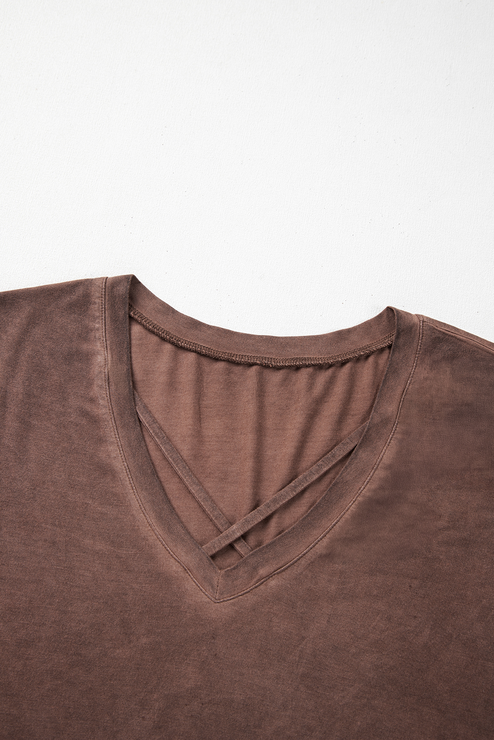 Chestnut Mineral Wash Criss Cross V Neck Casual T Shirt - loveforevers