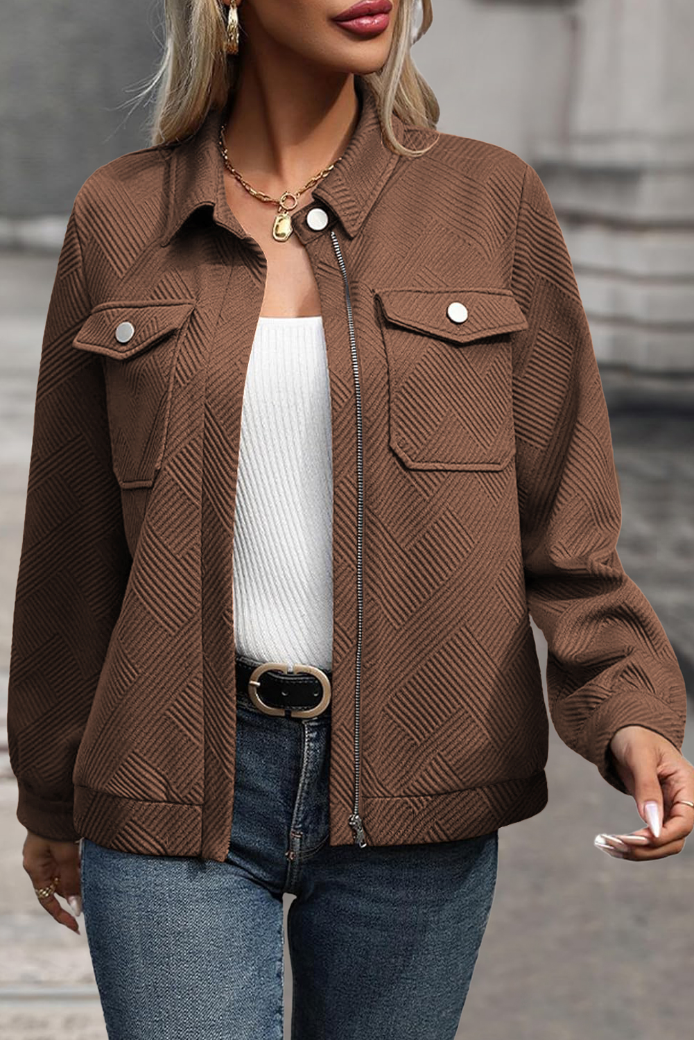 Coffee Solid Color Zip Up Button Flap Pocket Shirt Collar Jackets - loveforevers